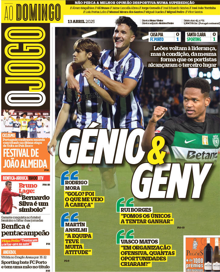 O Jogo: Capa da Edi&ccedil;&atilde;o de domingo, 13 de abril 2025