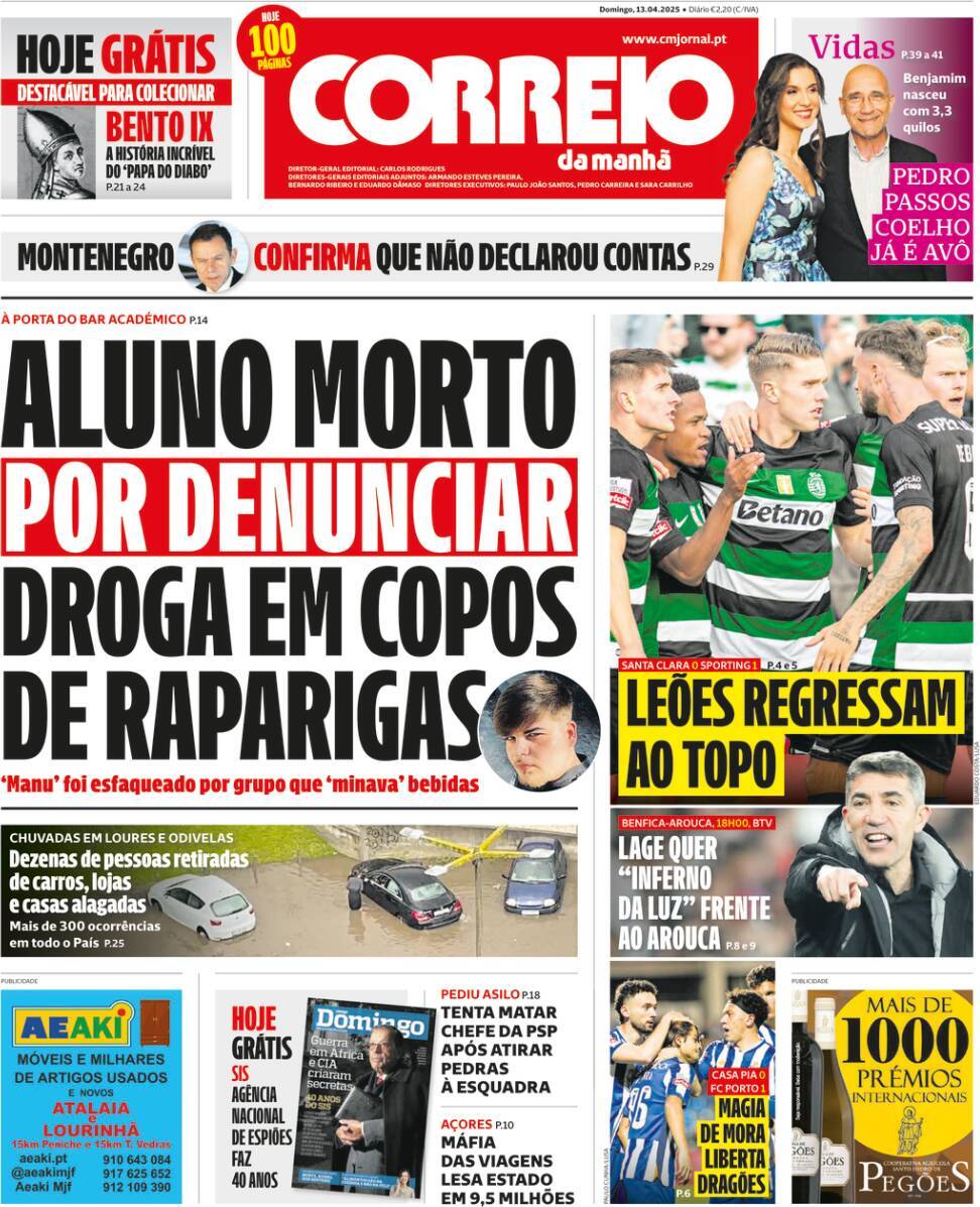 Correio da Manh&atilde;: Capa da Edi&ccedil;&atilde;o de domingo, 13 de abril 2025