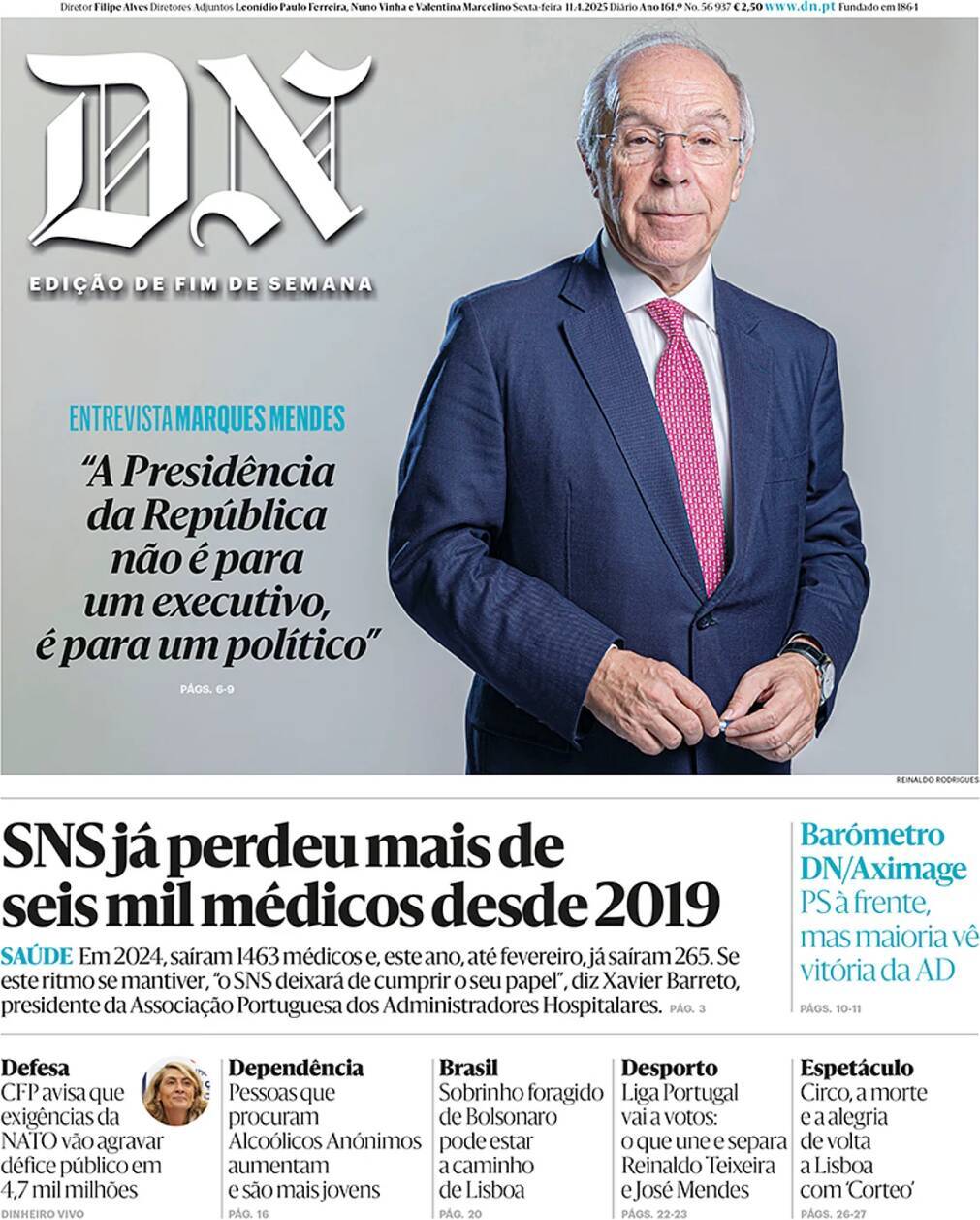 Di&aacute;rio de Not&iacute;cias: Capa da Edi&ccedil;&atilde;o de sexta-feira, 11 de abril 2025