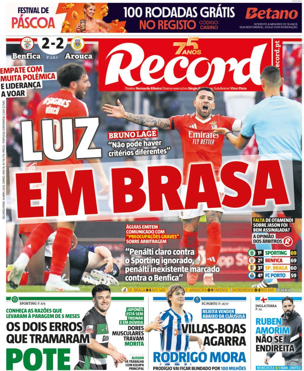 Record: Capa da Edi&ccedil;&atilde;o de segunda-feira, 14 de abril 2025
