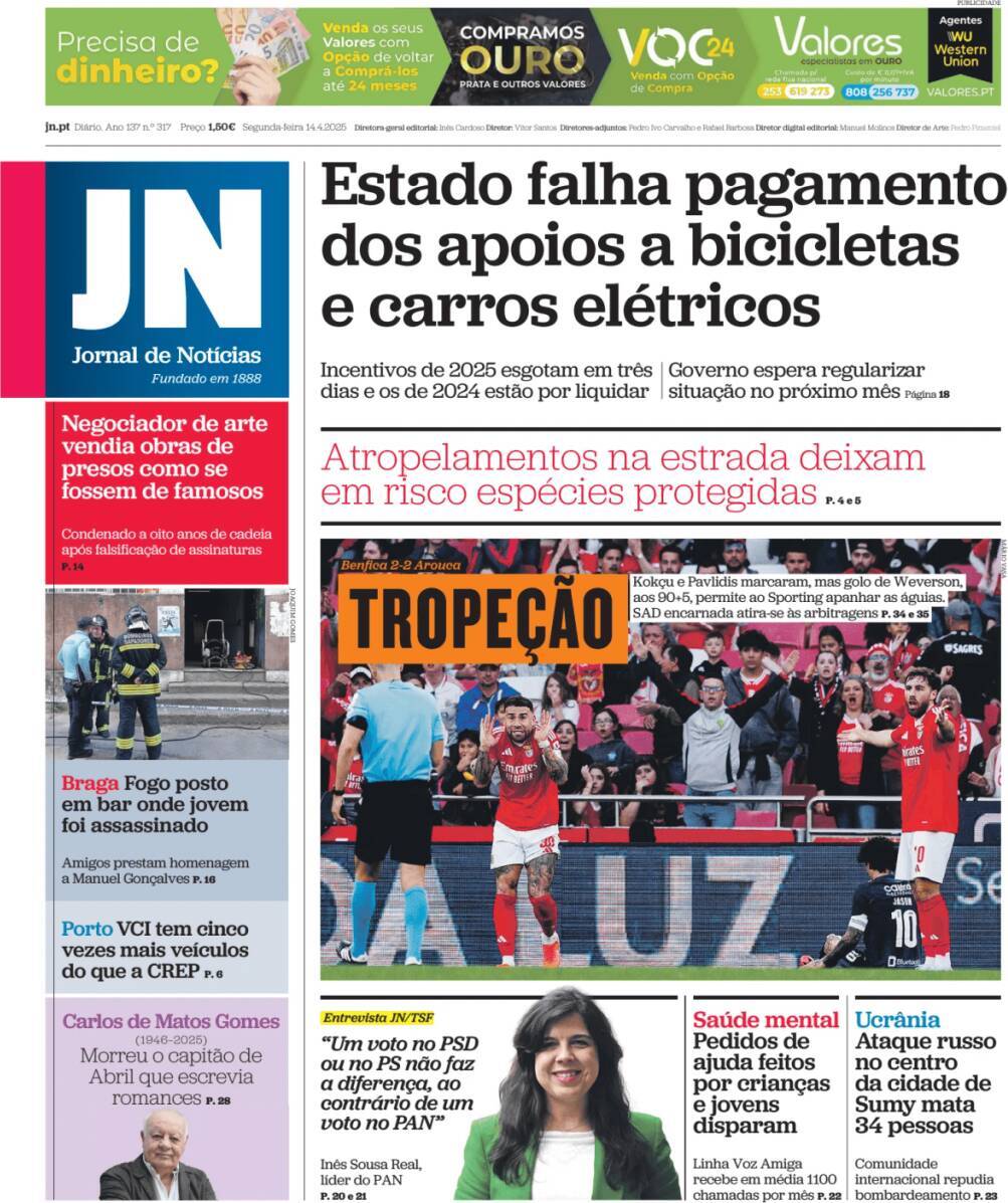 Jornal de Not&iacute;cias: Capa da Edi&ccedil;&atilde;o de segunda-feira, 14 de abril 2025