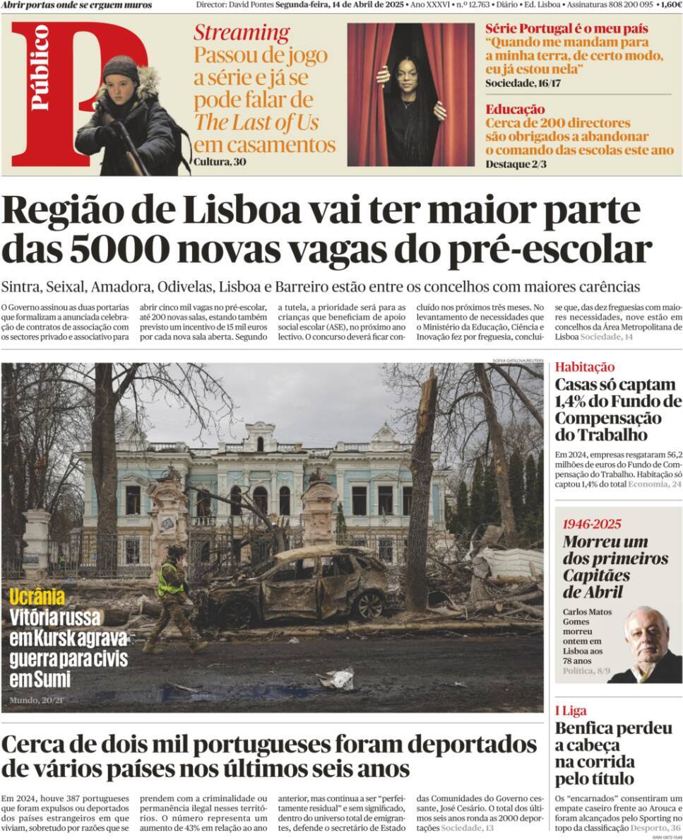 P&uacute;blico: Capa da Edi&ccedil;&atilde;o de segunda-feira, 14 de abril 2025