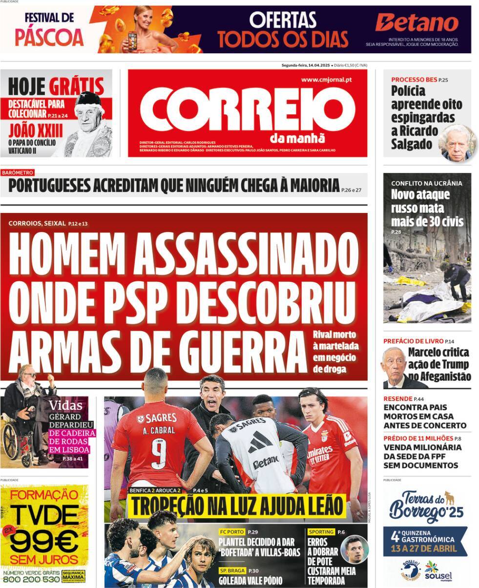 Correio da Manh&atilde;: Capa da Edi&ccedil;&atilde;o de segunda-feira, 14 de abril 2025
