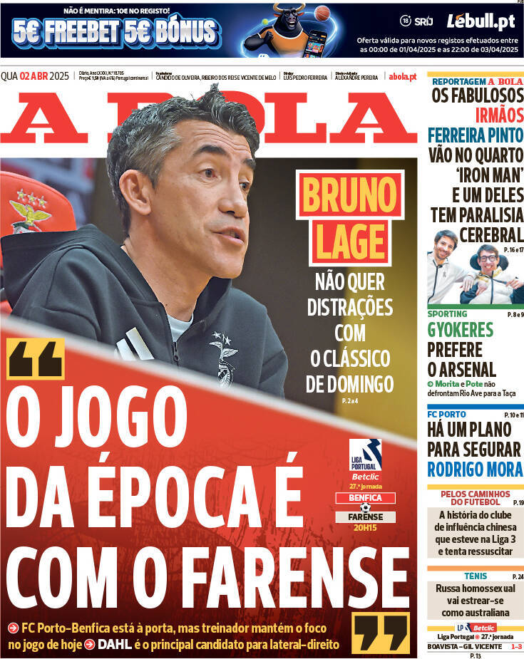 A Bola: Capa da Edi&ccedil;&atilde;o de quarta-feira, 02 de abril 2025