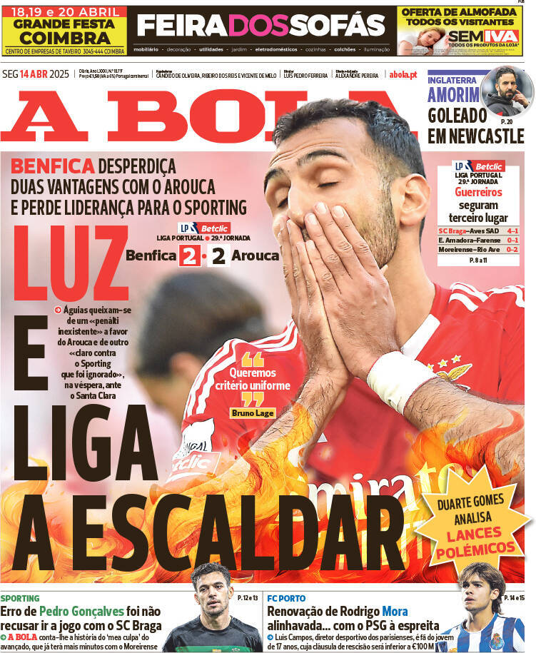 A Bola: Capa da Edi&ccedil;&atilde;o de segunda-feira, 14 de abril 2025