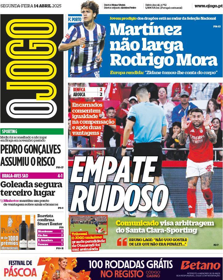 O Jogo: Capa da Edi&ccedil;&atilde;o de segunda-feira, 14 de abril 2025