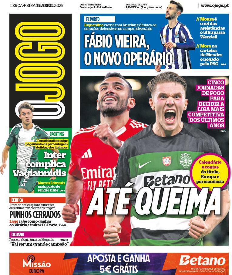 O Jogo: Capa da Edi&ccedil;&atilde;o de ter&ccedil;a-feira, 15 de abril 2025