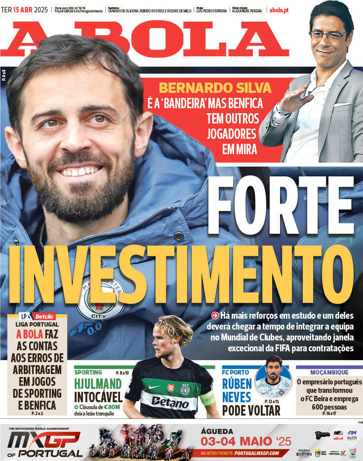 A Bola: Capa da Edi&ccedil;&atilde;o de ter&ccedil;a-feira, 15 de abril 2025