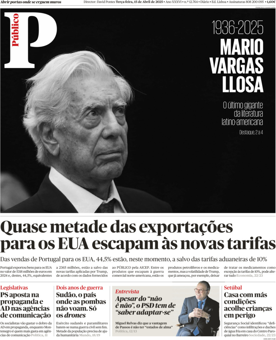 P&uacute;blico: Capa da Edi&ccedil;&atilde;o de ter&ccedil;a-feira, 15 de abril 2025