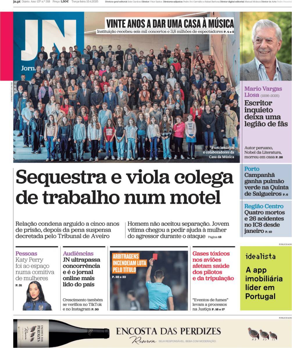 Jornal de Not&iacute;cias: Capa da Edi&ccedil;&atilde;o de ter&ccedil;a-feira, 15 de abril 2025