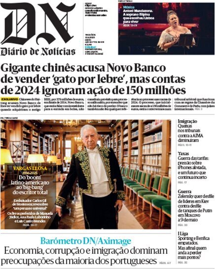 Di&aacute;rio de Not&iacute;cias: Capa da Edi&ccedil;&atilde;o de ter&ccedil;a-feira, 15 de abril 2025