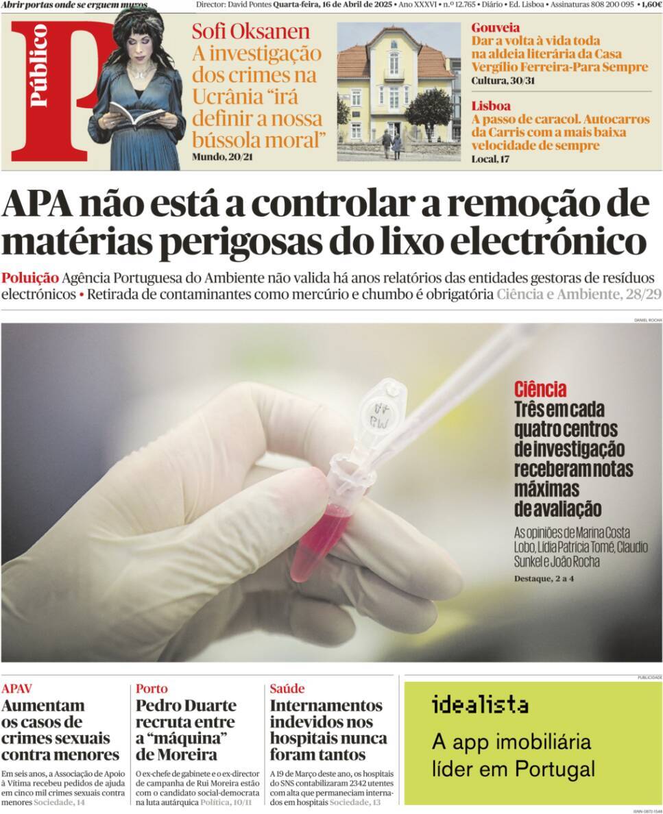 P&uacute;blico: Capa da Edi&ccedil;&atilde;o de quarta-feira, 16 de abril 2025