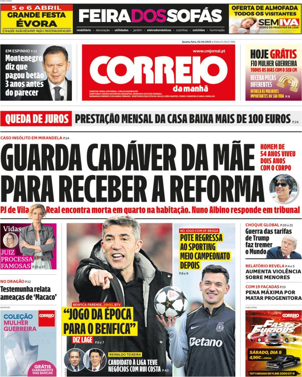 Correio da Manh&atilde;: Capa da Edi&ccedil;&atilde;o de quarta-feira, 02 de abril 2025