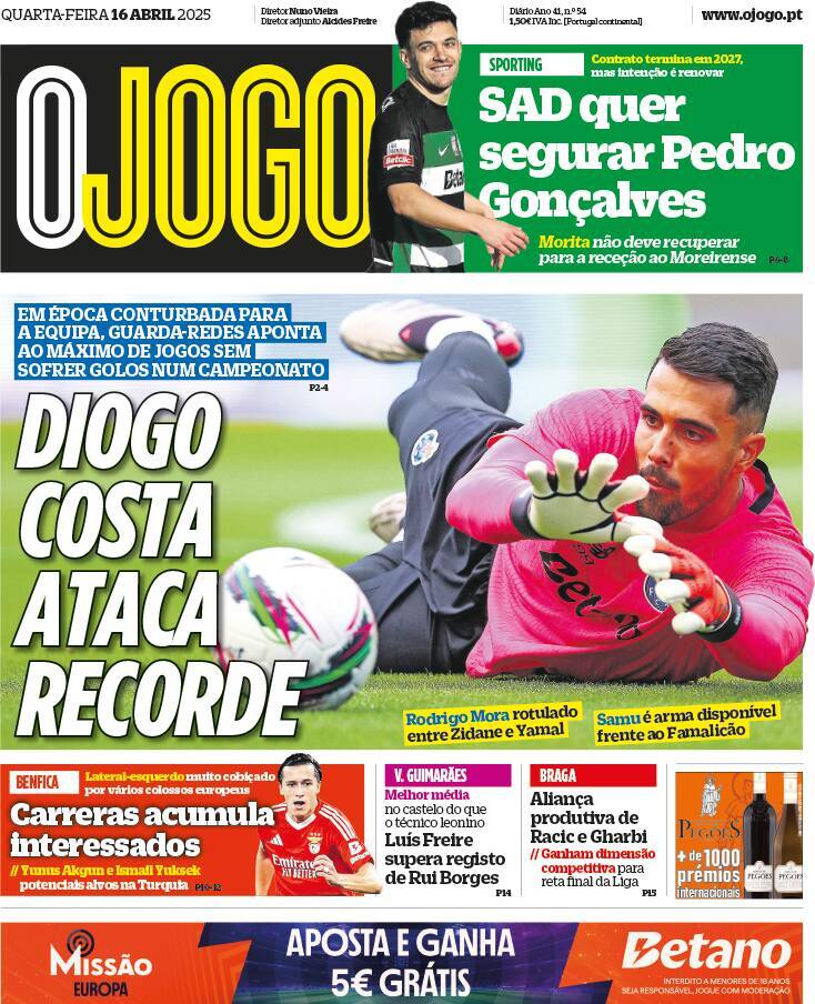 O Jogo: Capa da Edi&ccedil;&atilde;o de quarta-feira, 16 de abril 2025