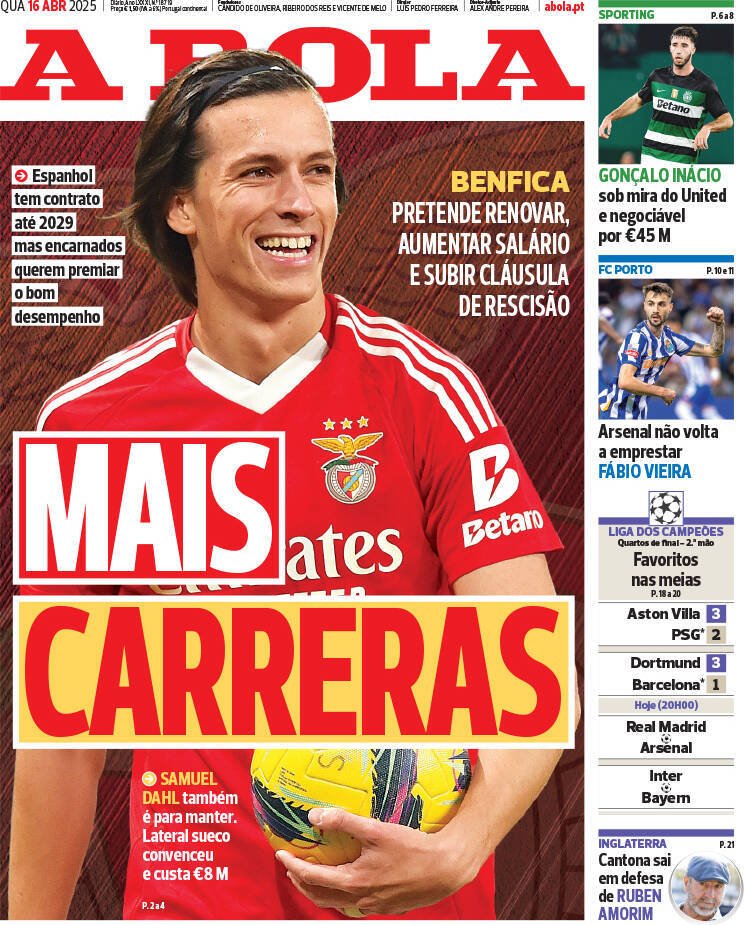 A Bola: Capa da Edi&ccedil;&atilde;o de quarta-feira, 16 de abril 2025