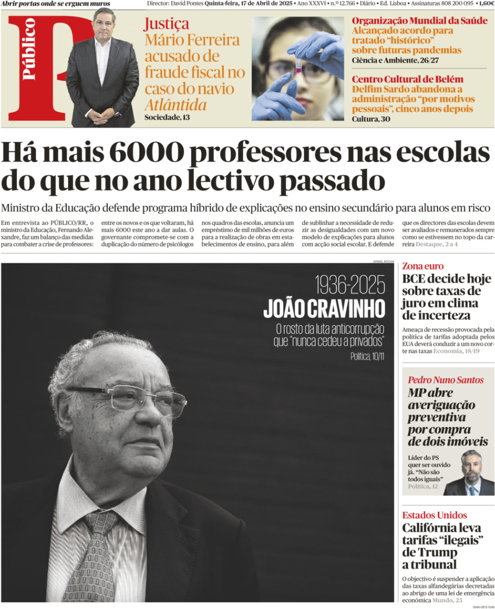 P&uacute;blico: Capa da Edi&ccedil;&atilde;o de quinta-feira, 17 de abril 2025