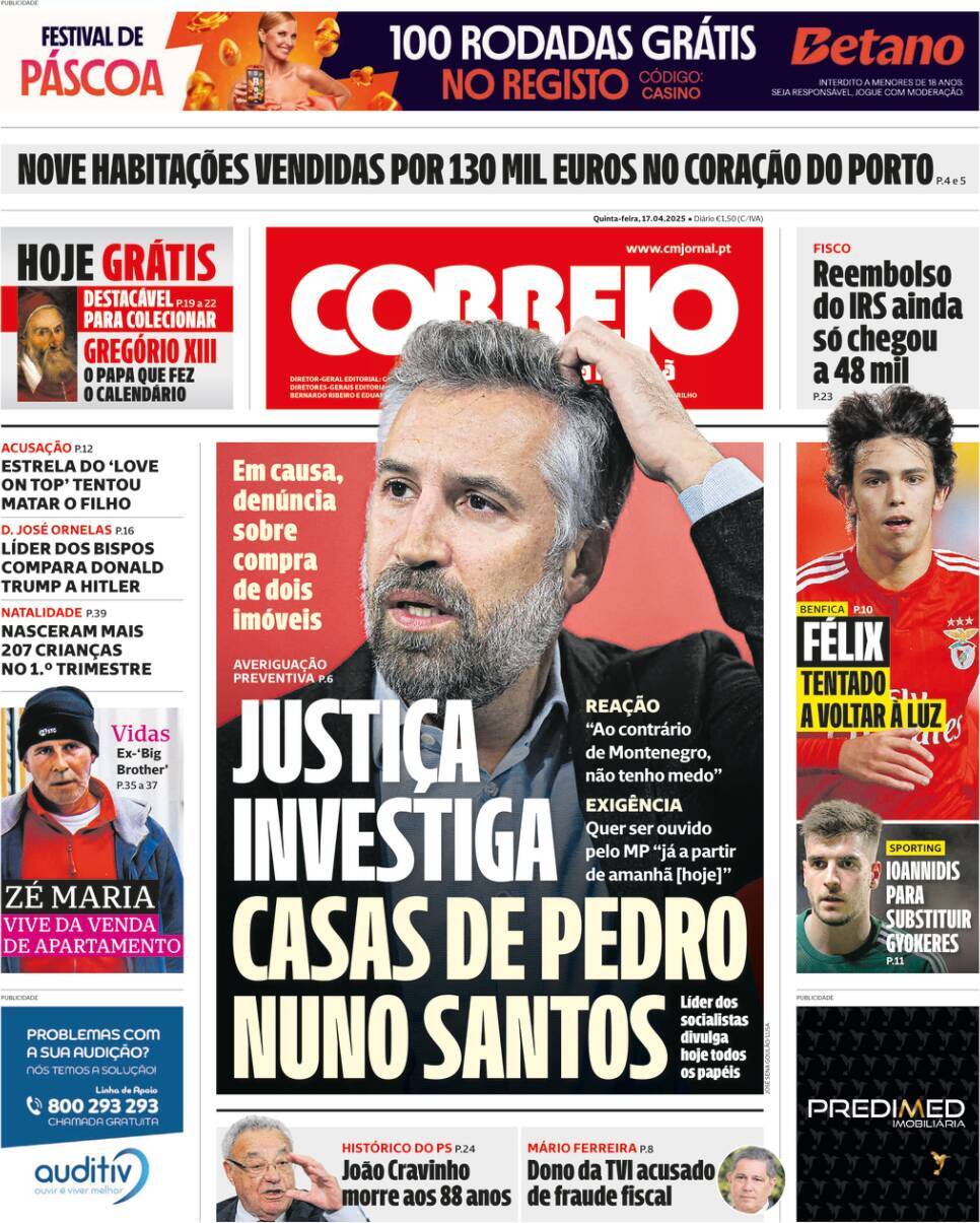 Correio da Manh&atilde;: Capa da Edi&ccedil;&atilde;o de quinta-feira, 17 de abril 2025