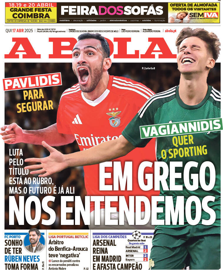 A Bola: Capa da Edi&ccedil;&atilde;o de quinta-feira, 17 de abril 2025