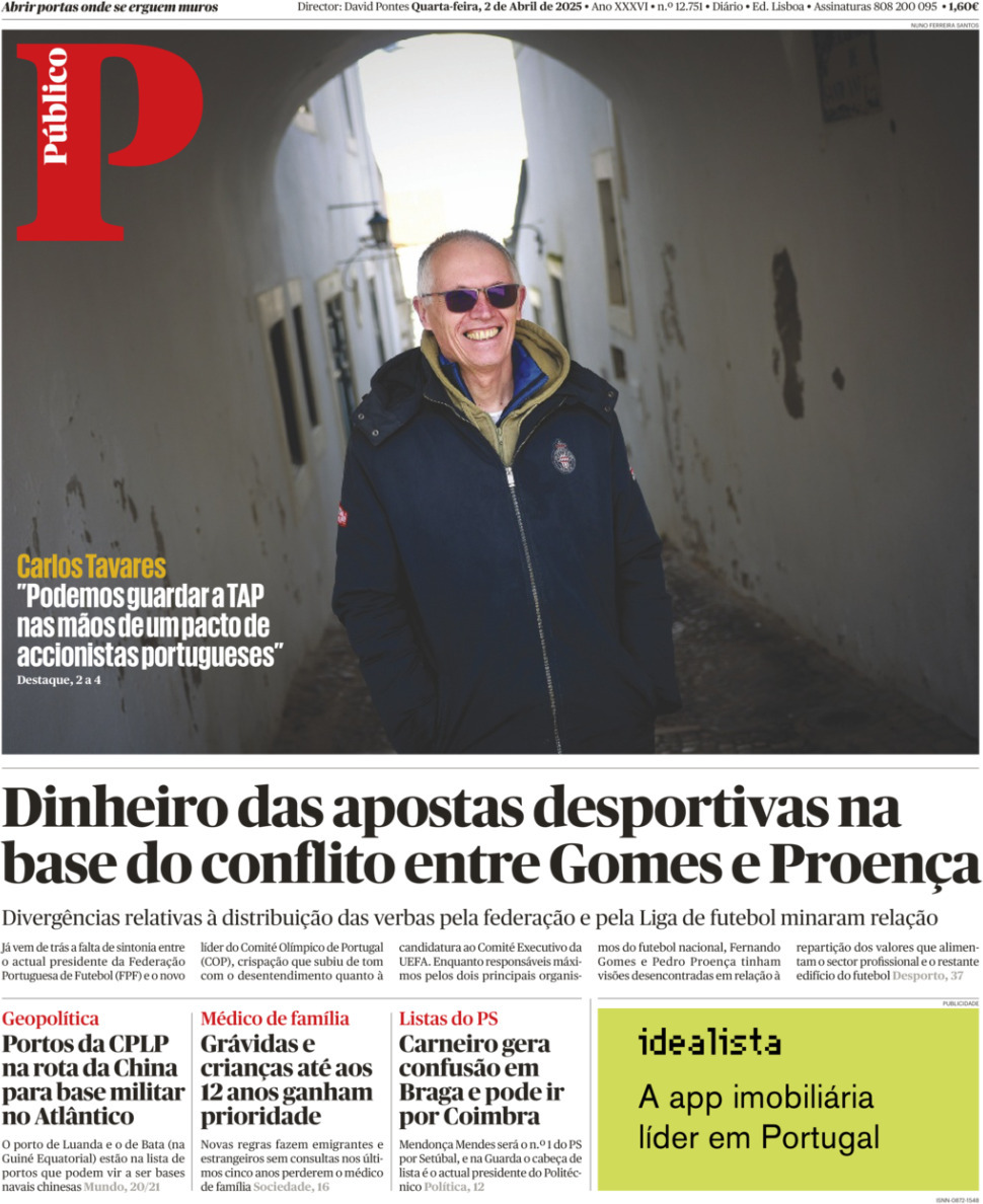 P&uacute;blico: Capa da Edi&ccedil;&atilde;o de quarta-feira, 02 de abril 2025