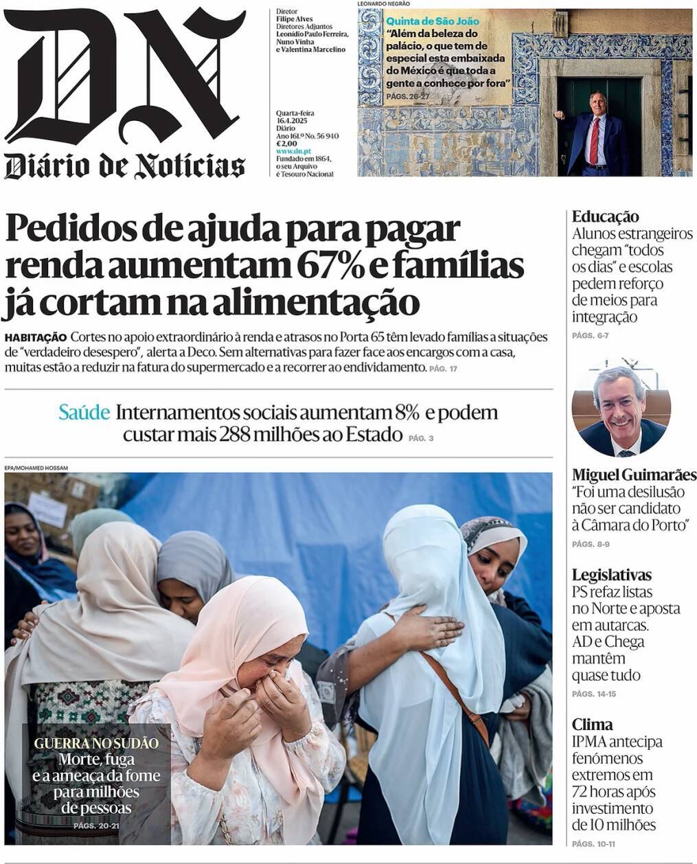 Di&aacute;rio de Not&iacute;cias: Capa da Edi&ccedil;&atilde;o de quarta-feira, 16 de abril 2025