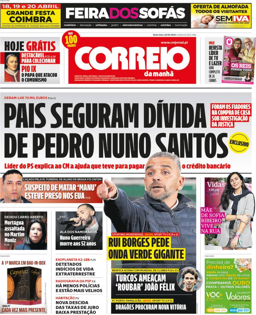 Correio da Manh&atilde;: Capa da Edi&ccedil;&atilde;o de sexta-feira, 18 de abril 2025