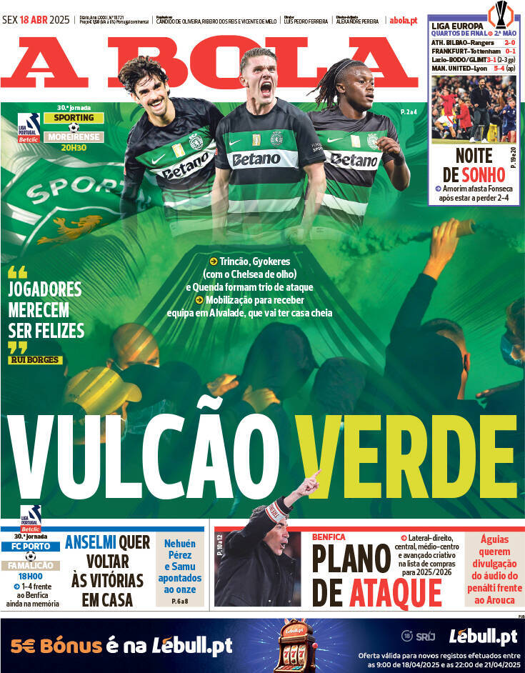 A Bola: Capa da Edi&ccedil;&atilde;o de sexta-feira, 18 de abril 2025