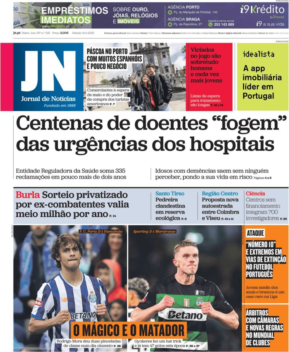 Jornal de Not&iacute;cias: Capa da Edi&ccedil;&atilde;o de s&aacute;bado, 19 de abril 2025