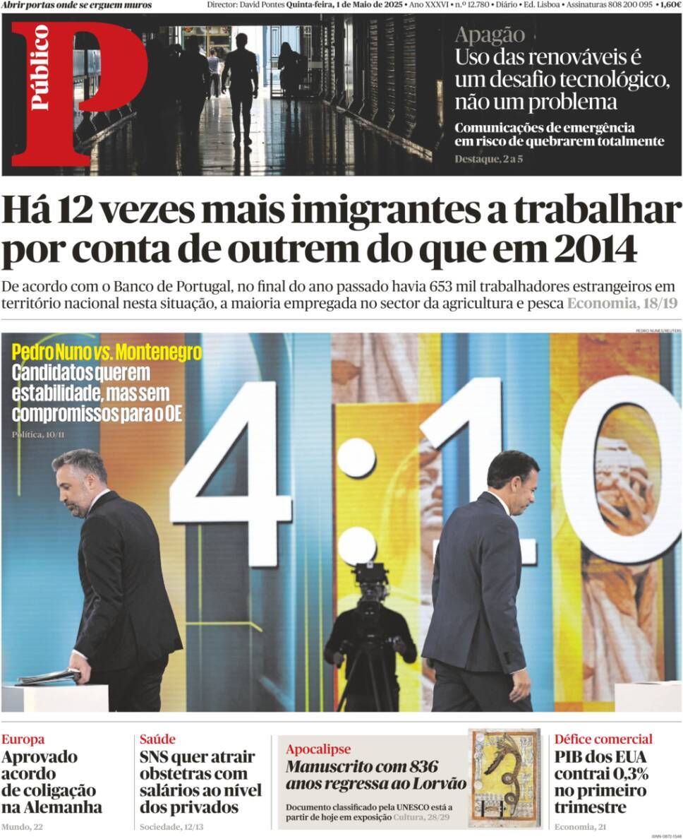 P&uacute;blico: Capa da Edi&ccedil;&atilde;o de quinta-feira, 01 de maio 2025