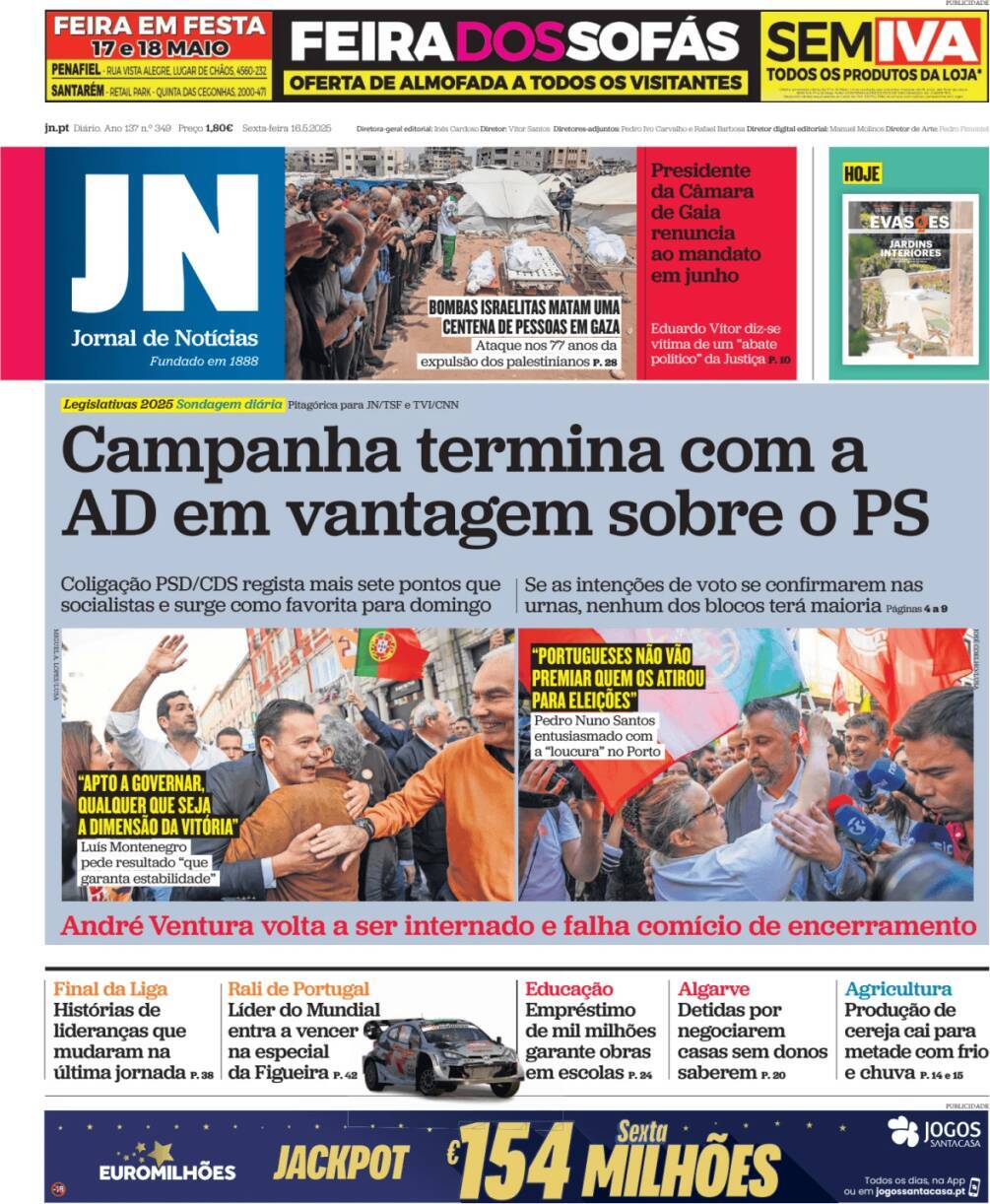 Jornal de Not&iacute;cias: Capa da Edi&ccedil;&atilde;o de sexta-feira, 16 de maio 2025