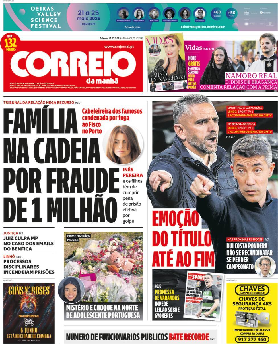 Correio da Manh&atilde;: Capa da Edi&ccedil;&atilde;o de s&aacute;bado, 17 de maio 2025