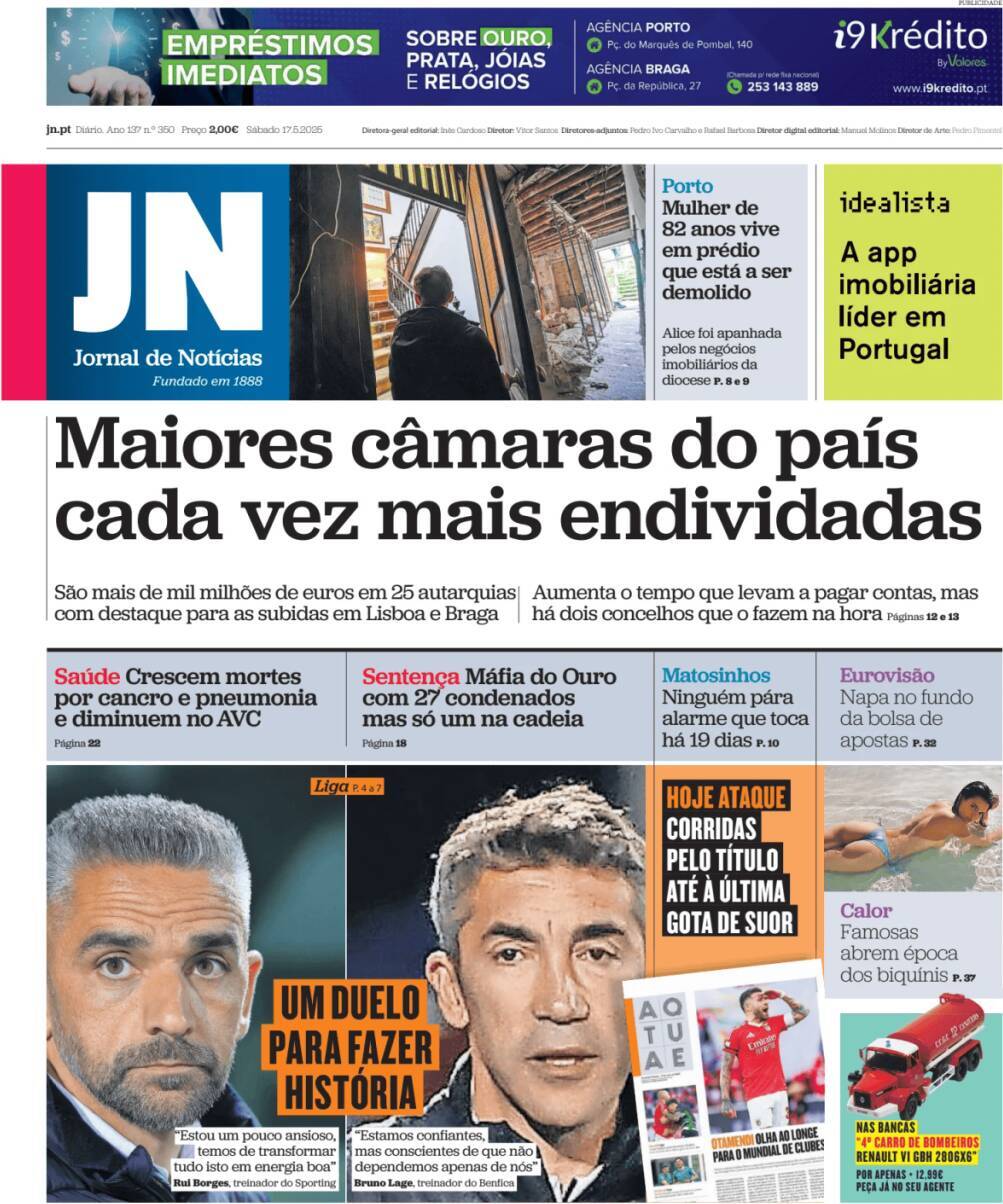 Jornal de Not&iacute;cias: Capa da Edi&ccedil;&atilde;o de s&aacute;bado, 17 de maio 2025
