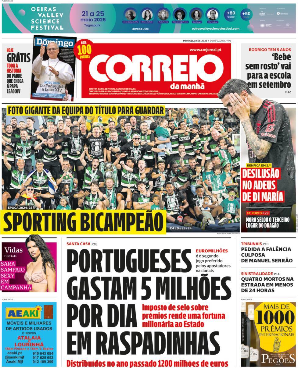 Correio da Manh&atilde;: Capa da Edi&ccedil;&atilde;o de domingo, 18 de maio 2025