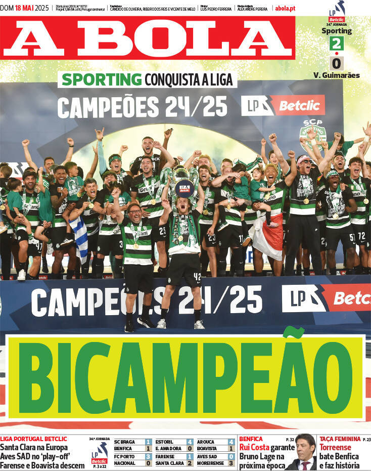 A Bola: Capa da Edi&ccedil;&atilde;o de domingo, 18 de maio 2025