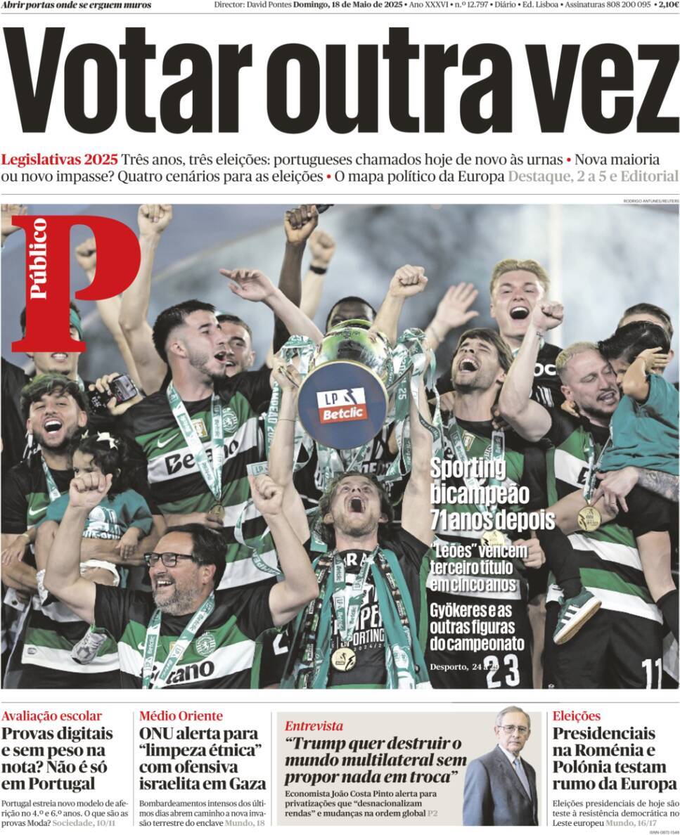 P&uacute;blico: Capa da Edi&ccedil;&atilde;o de domingo, 18 de maio 2025