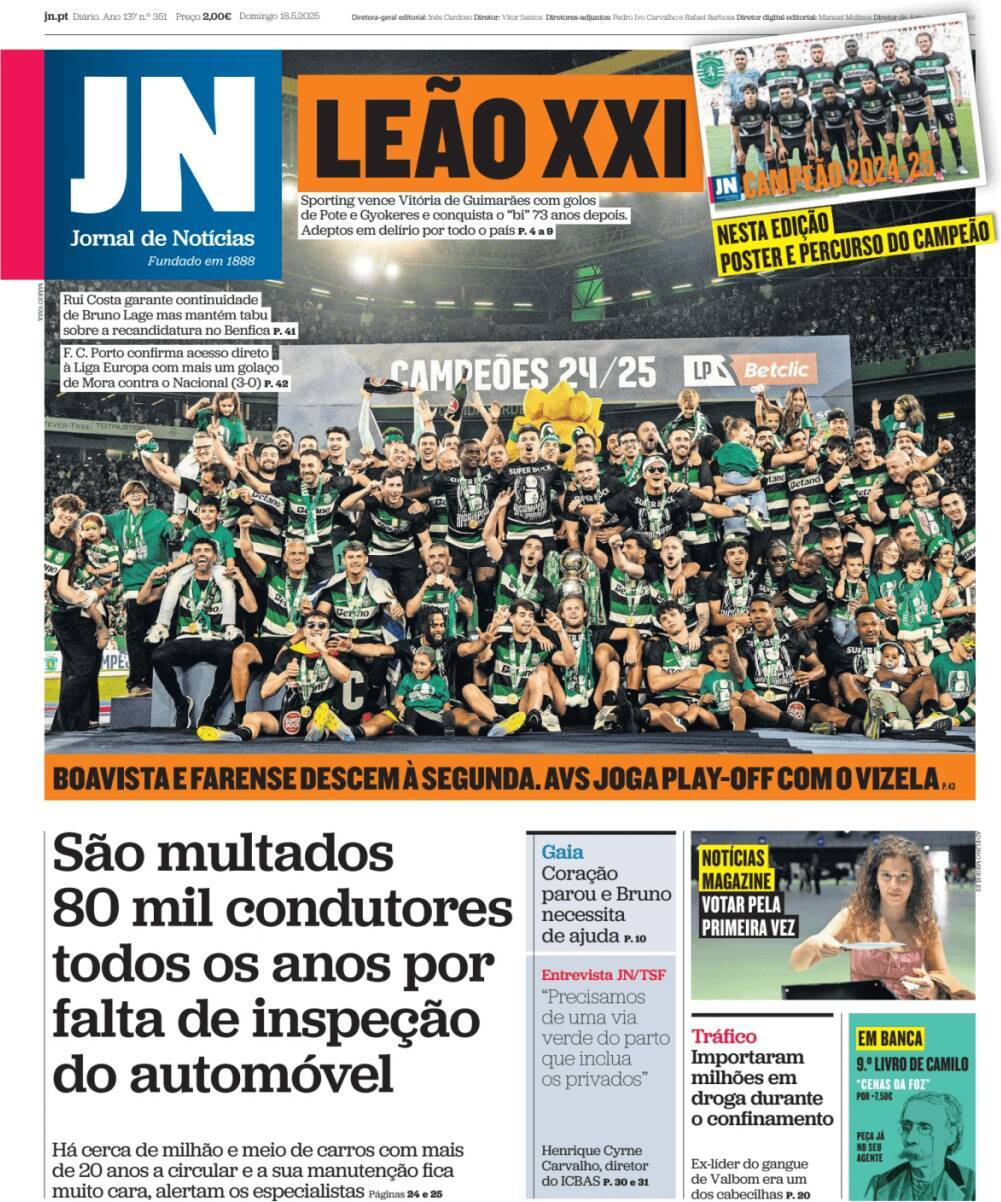 Jornal de Not&iacute;cias: Capa da Edi&ccedil;&atilde;o de domingo, 18 de maio 2025