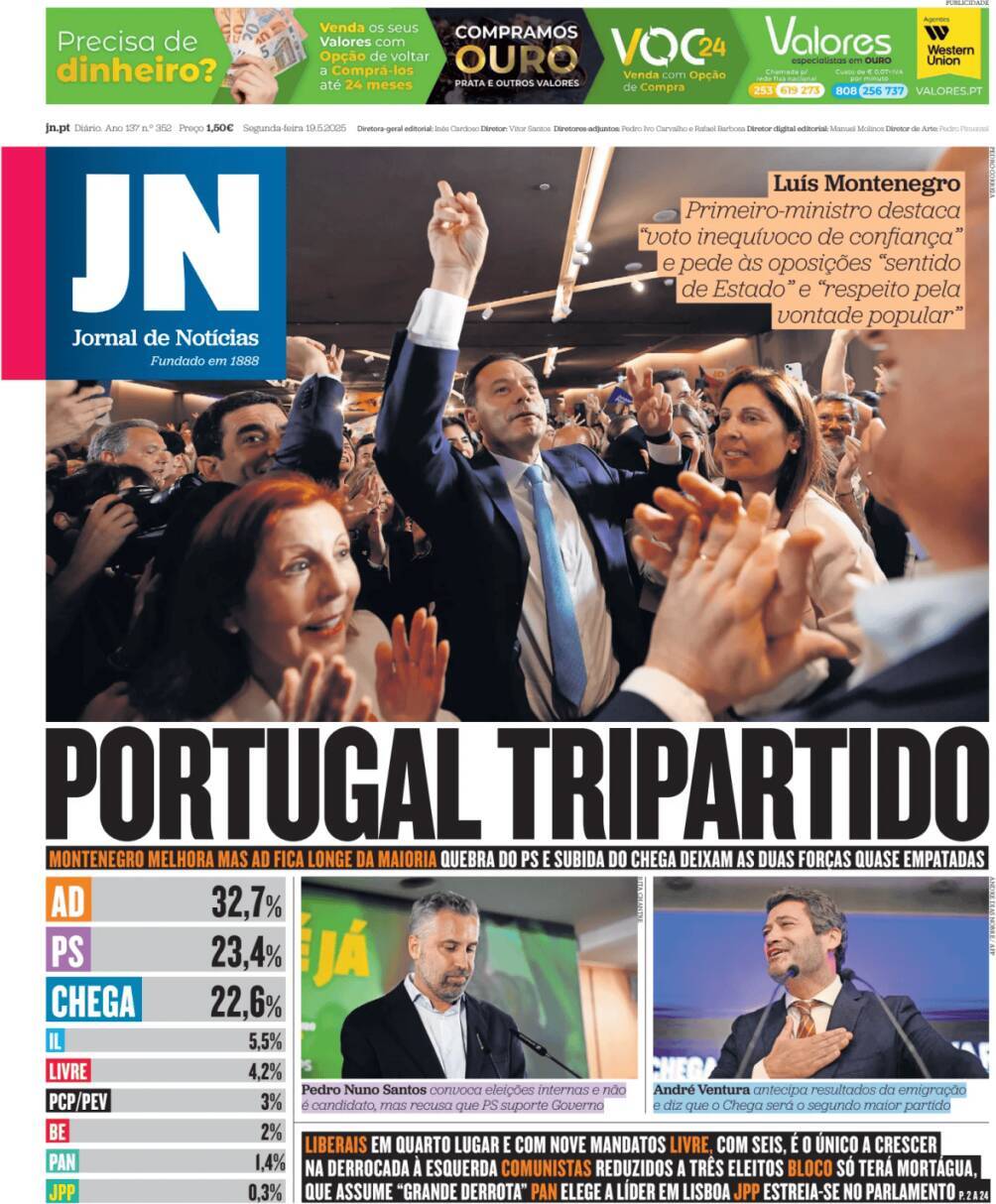 Jornal de Not&iacute;cias: Capa da Edi&ccedil;&atilde;o de segunda-feira, 19 de maio 2025