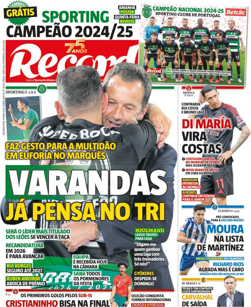 Record: Capa da Edi&ccedil;&atilde;o de segunda-feira, 19 de maio 2025
