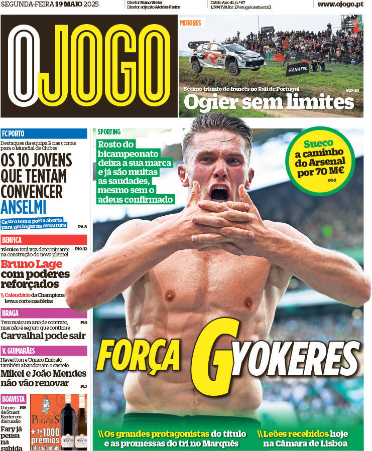 O Jogo: Capa da Edi&ccedil;&atilde;o de segunda-feira, 19 de maio 2025