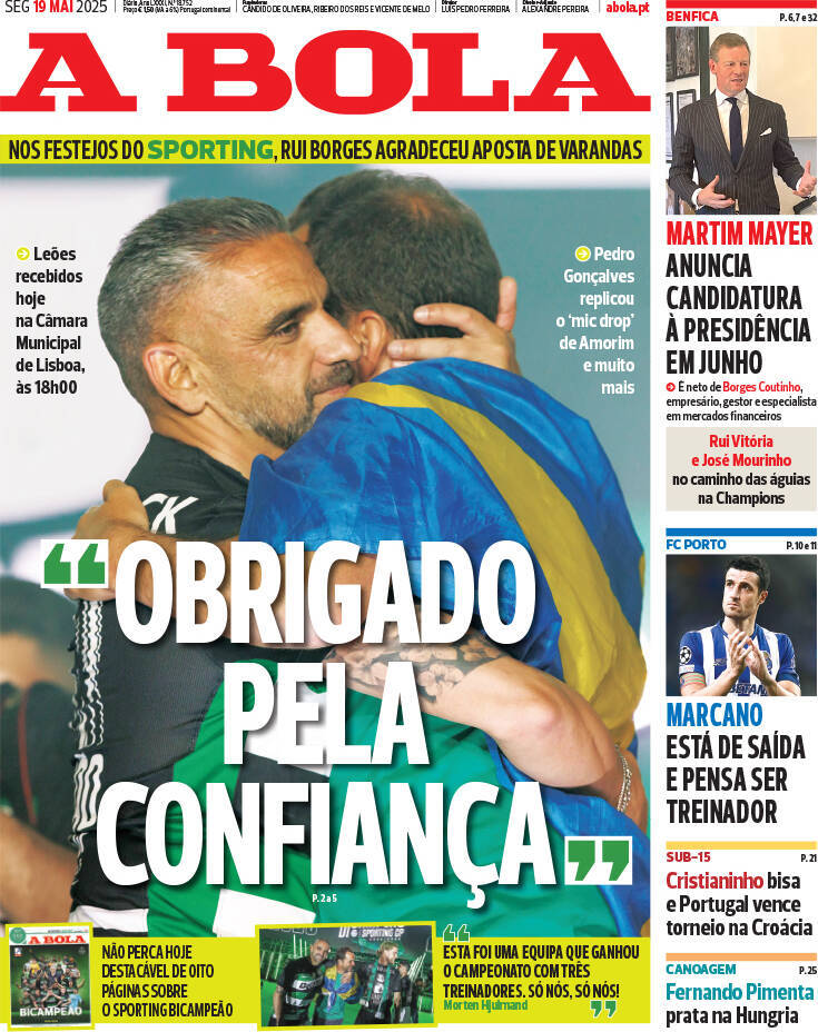 A Bola: Capa da Edi&ccedil;&atilde;o de segunda-feira, 19 de maio 2025