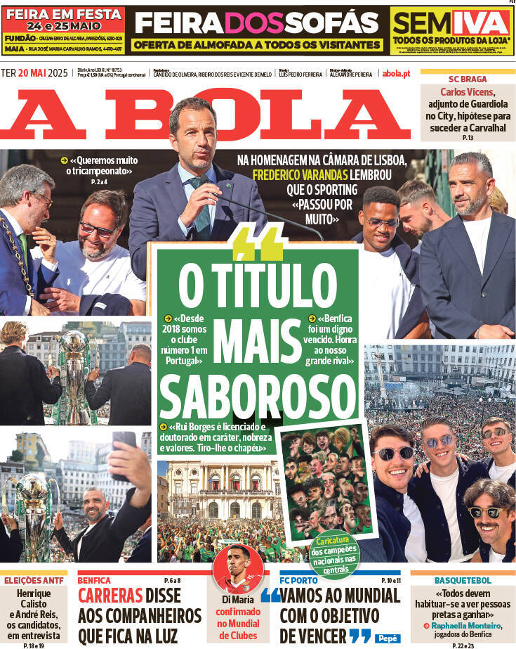 A Bola: Capa da Edi&ccedil;&atilde;o de ter&ccedil;a-feira, 20 de maio 2025