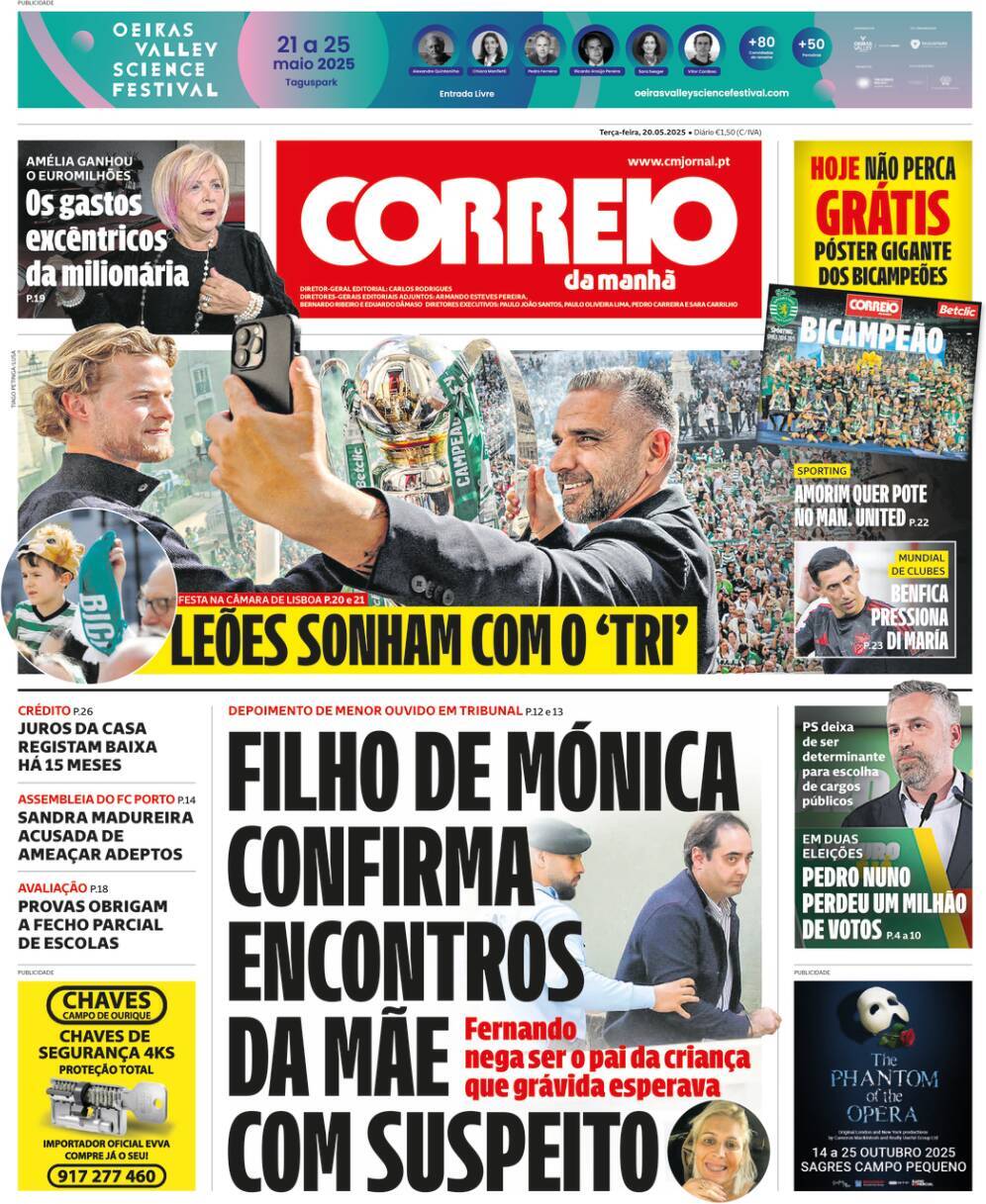 Correio da Manh&atilde;: Capa da Edi&ccedil;&atilde;o de ter&ccedil;a-feira, 20 de maio 2025