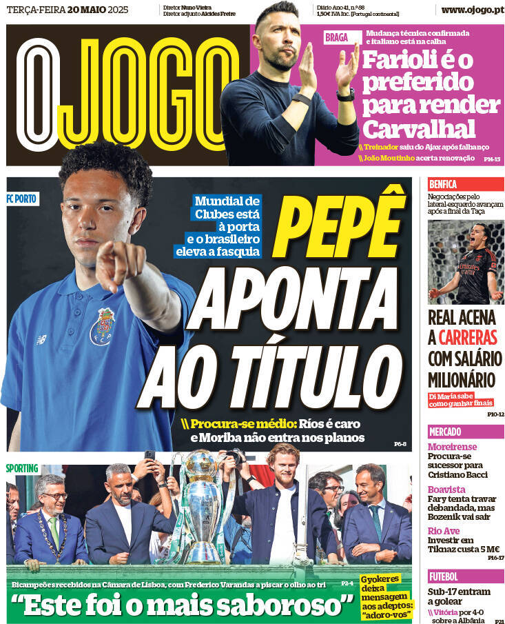 O Jogo: Capa da Edi&ccedil;&atilde;o de ter&ccedil;a-feira, 20 de maio 2025