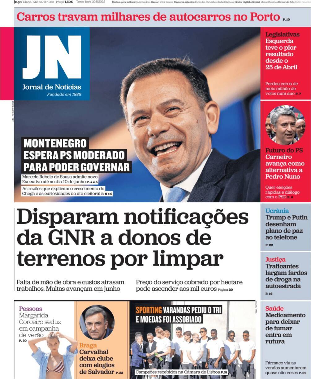 Jornal de Not&iacute;cias: Capa da Edi&ccedil;&atilde;o de ter&ccedil;a-feira, 20 de maio 2025