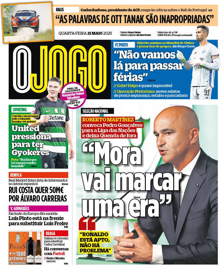 A Bola: Capa da Edi&ccedil;&atilde;o de quarta-feira, 21 de maio 2025