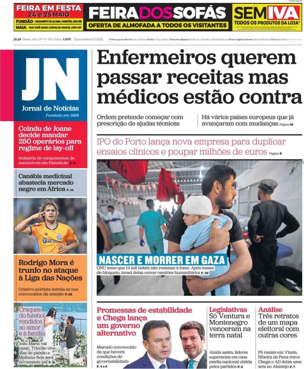 Jornal de Not&iacute;cias: Capa da Edi&ccedil;&atilde;o de quarta-feira, 21 de maio 2025
