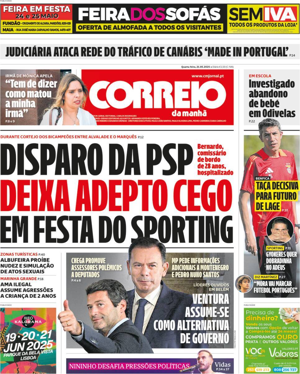 Correio da Manh&atilde;: Capa da Edi&ccedil;&atilde;o de quarta-feira, 21 de maio 2025
