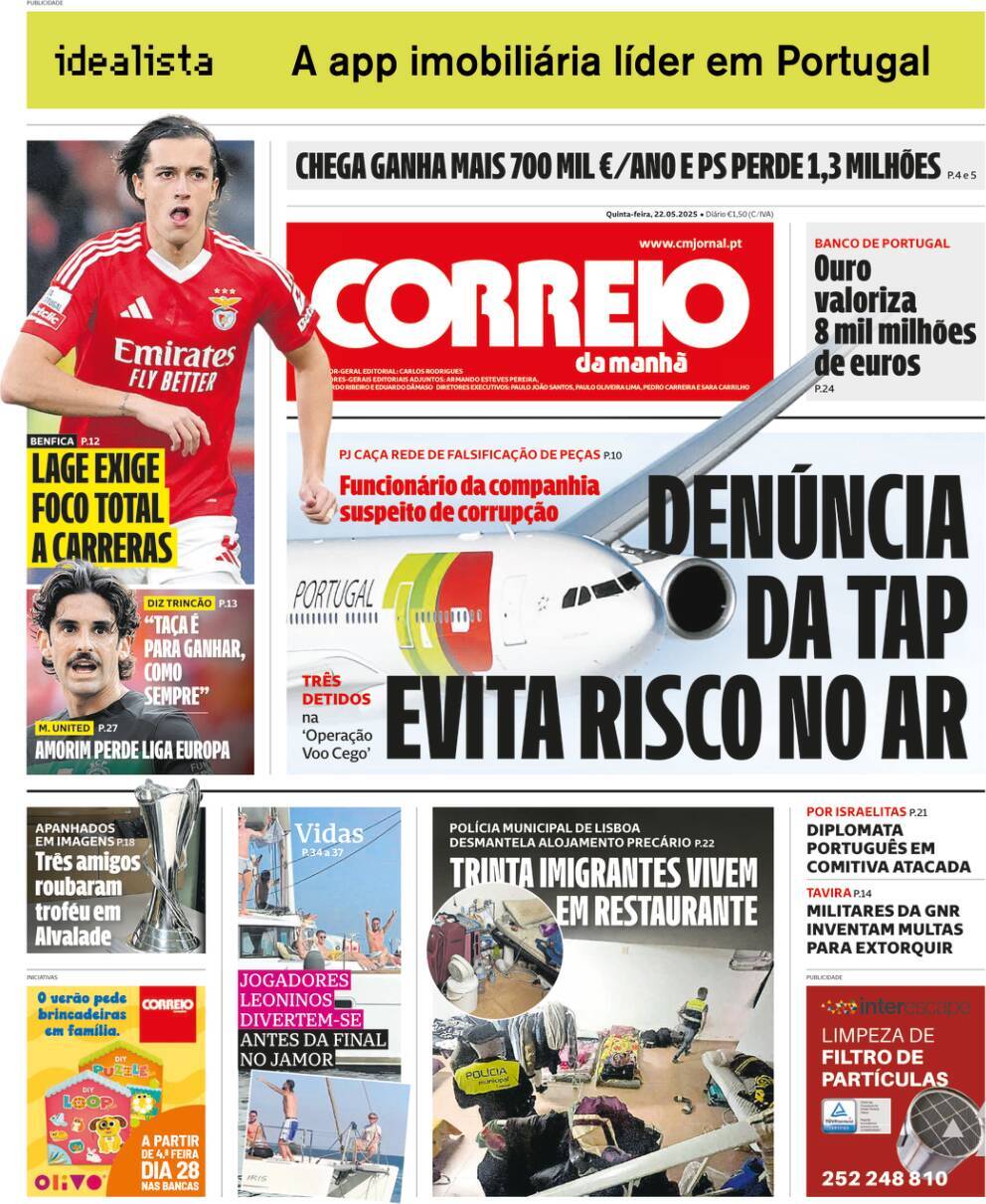 Correio da Manh&atilde;: Capa da Edi&ccedil;&atilde;o de quinta-feira, 22 de maio 2025