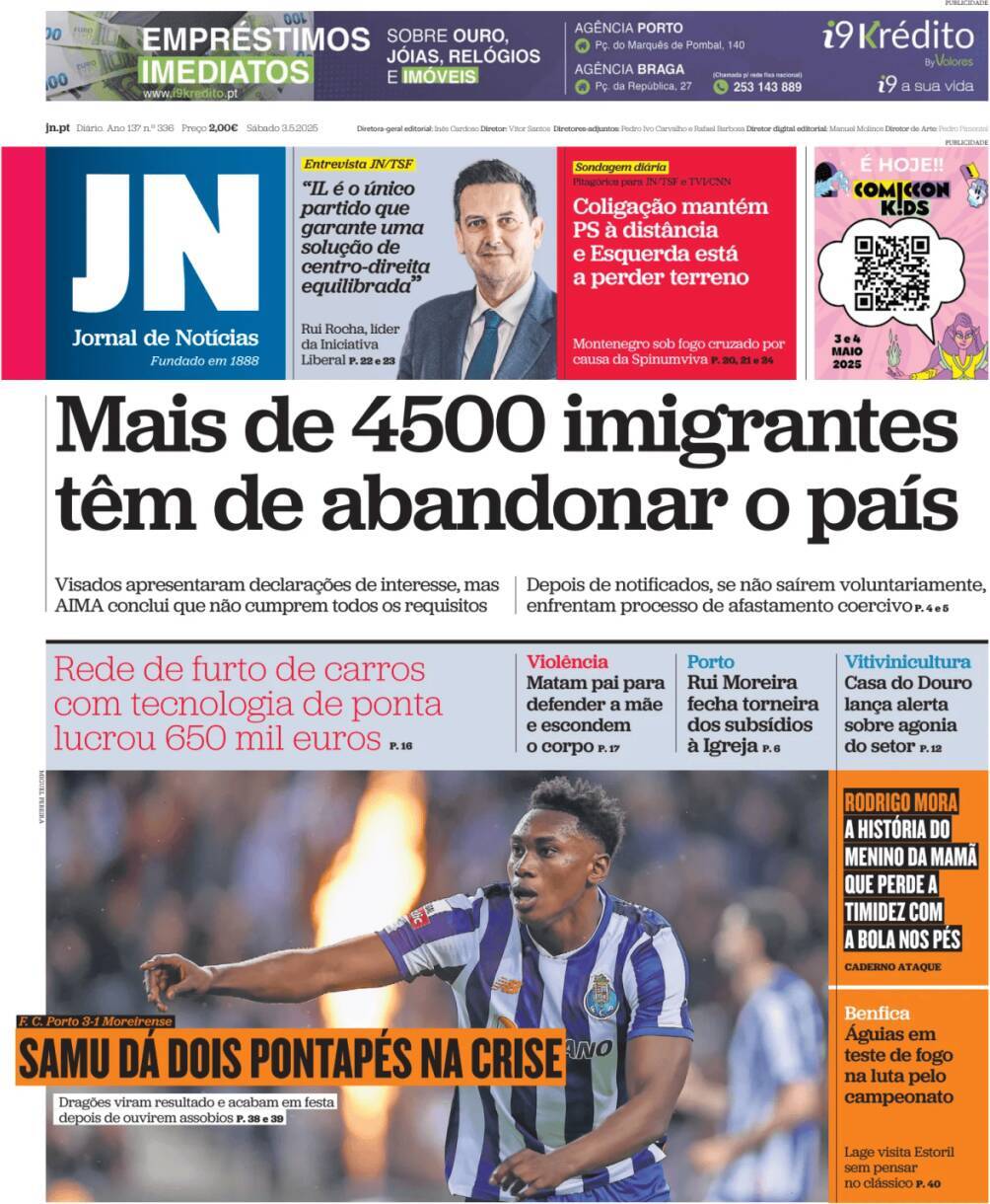 Jornal de Not&iacute;cias: Capa da Edi&ccedil;&atilde;o de s&aacute;bado, 03 de maio 2025