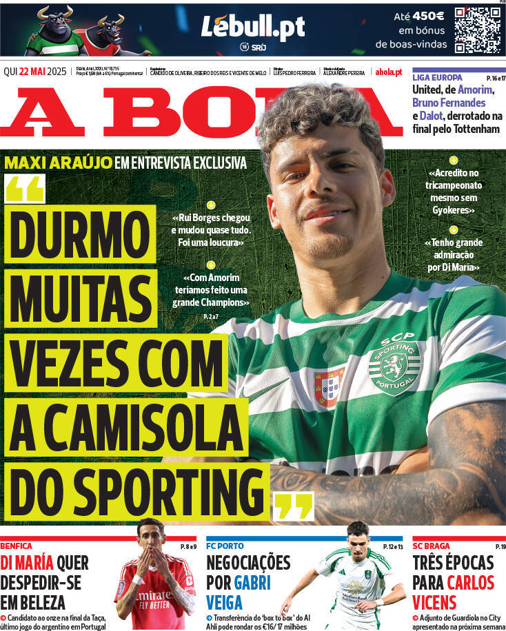 A Bola: Capa da Edi&ccedil;&atilde;o de quinta-feira, 22 de maio 2025