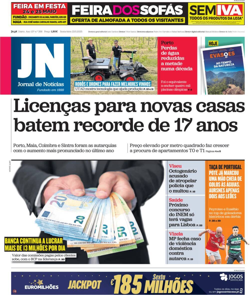 Jornal de Not&iacute;cias: Capa da Edi&ccedil;&atilde;o de sexta-feira, 23 de maio 2025